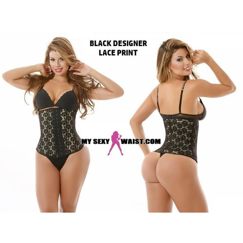 MYSEXYWAIST SEXY BLACK DESIGNER LACE PRINT SNATCH LATEX CINCHER - The Mysexywaist.com Store